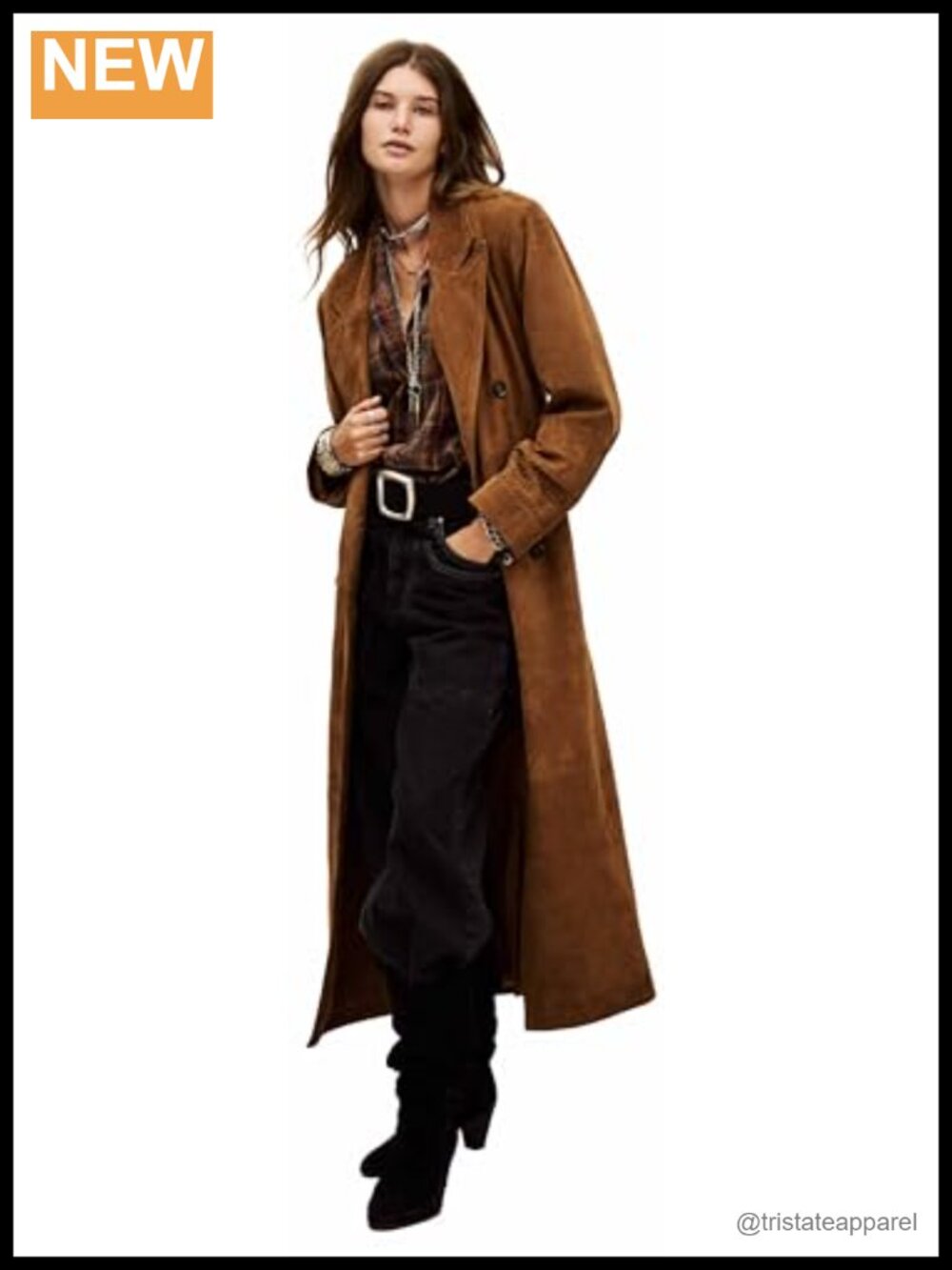 Suede Leather Extra Long Trench Coat Double-Breasted